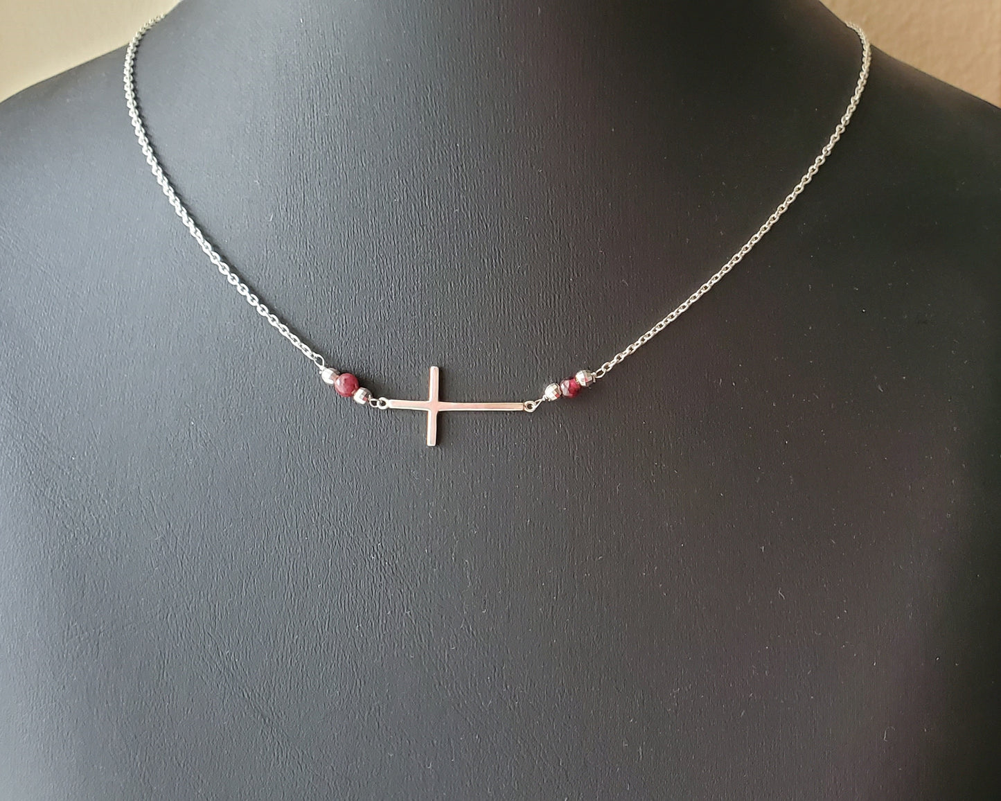 Personalized Two Birthstone Sideways Cross Necklace, Gemstones, Sterling Silver