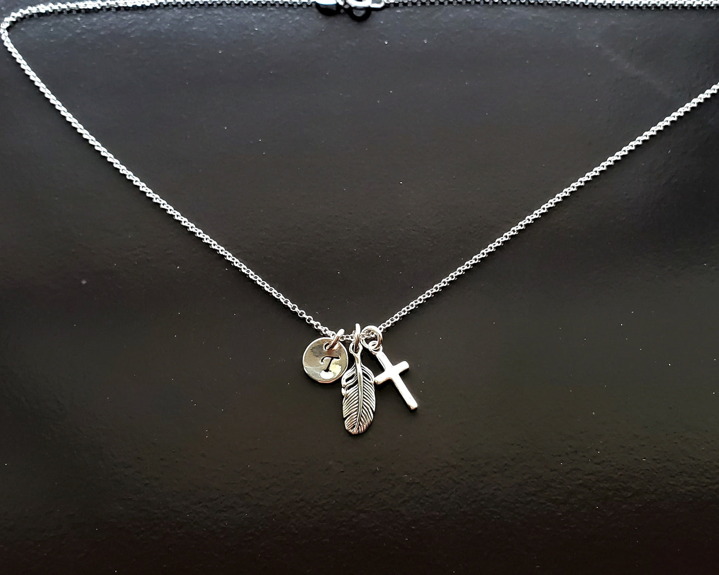 Personalized Feather Cross Initial Necklace, Sterling Silver Cross, Feather Pendant, Initial Pendant on chain.