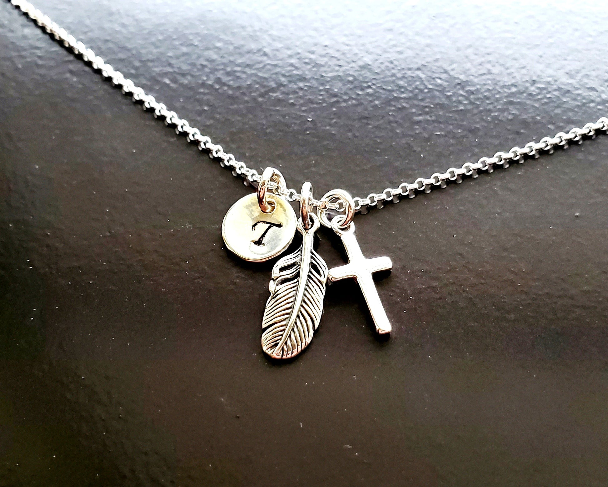 Personalized Feather Cross Initial Necklace, Sterling Silver Cross, Feather Pendant, Initial Pendant on chain.