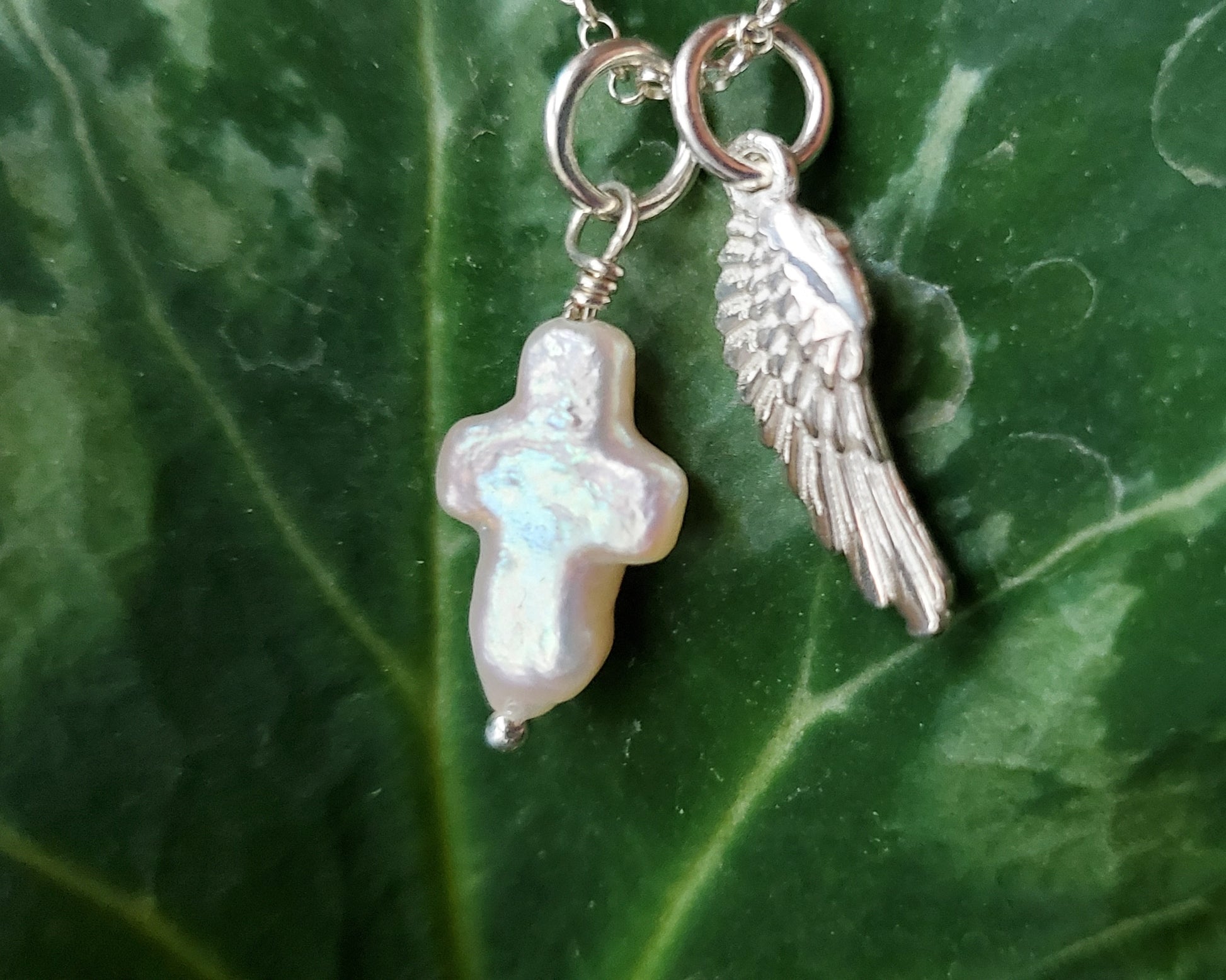 Pearl Cross Wing Necklace, Psalm 91, Angel Wing