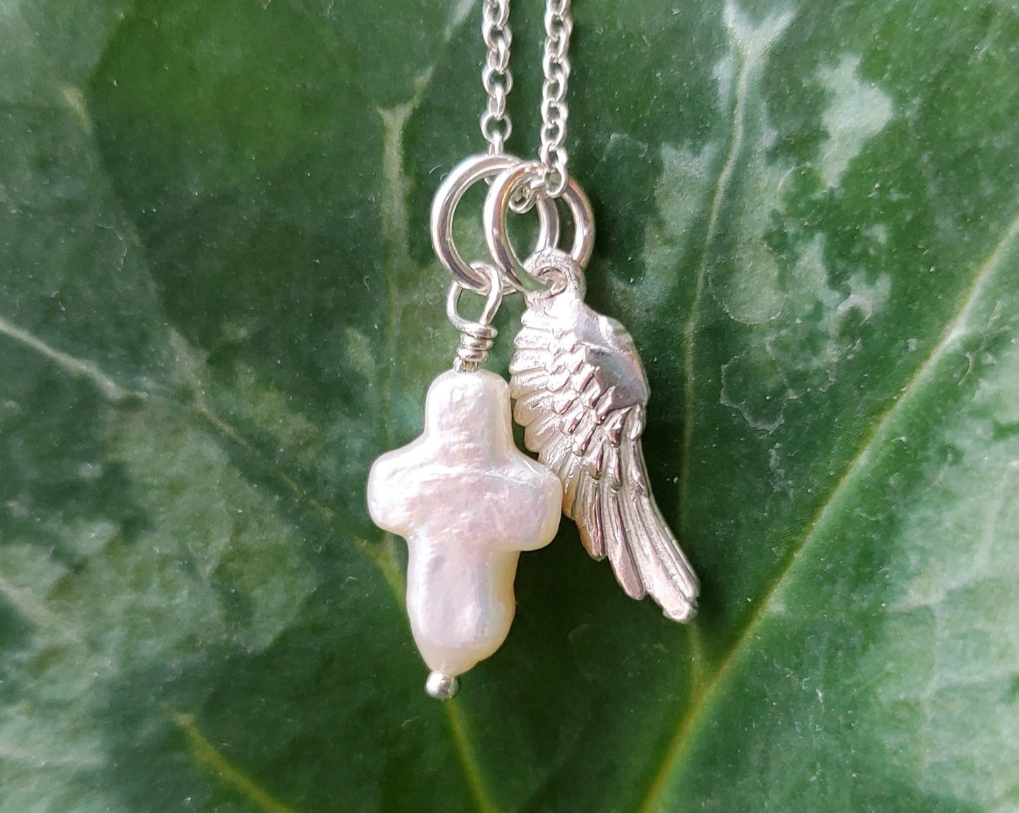 Pearl Cross Wing Necklace, Psalm 91, Angel Wing