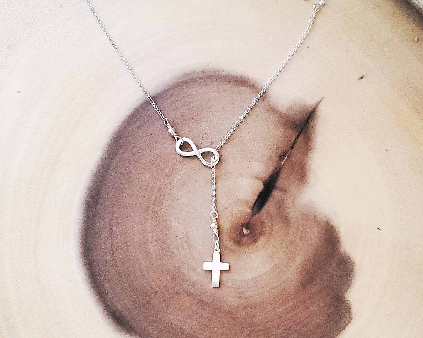 Infinity Cross Lariat Necklace, Sterling Silver, Minimalist Cross Necklace
