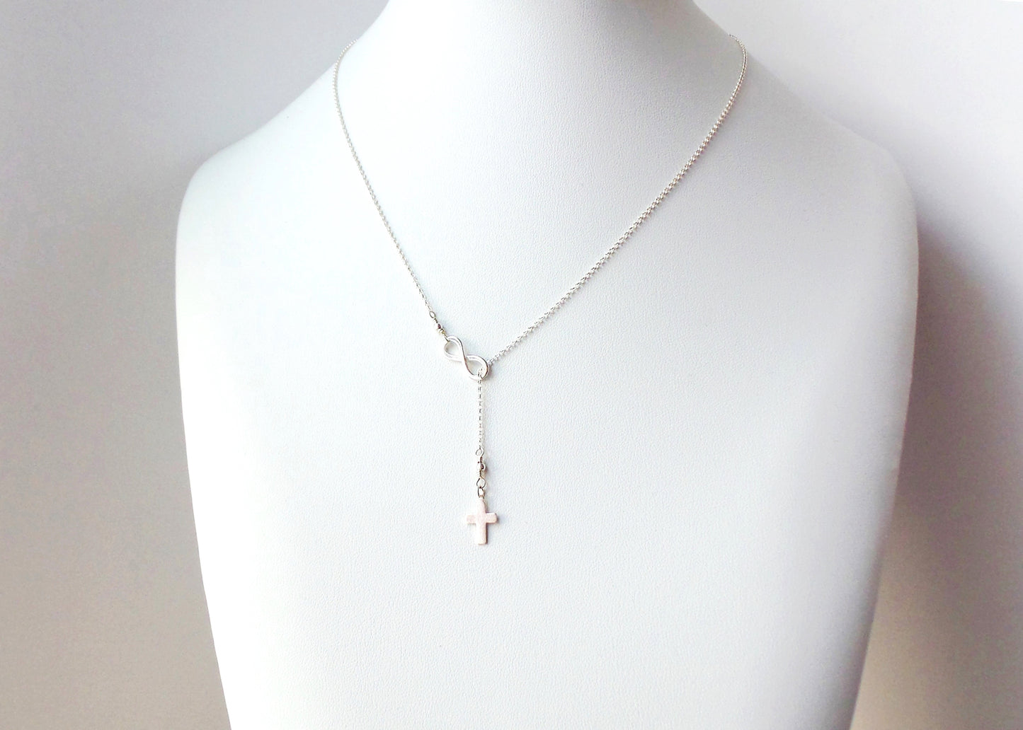 Infinity Cross Lariat Necklace, Sterling Silver, Minimalist Cross Necklace