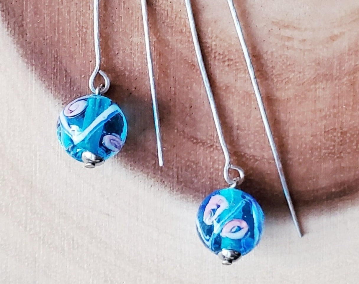 Stainless Steel Blue Floral Glass Threader Earrings
