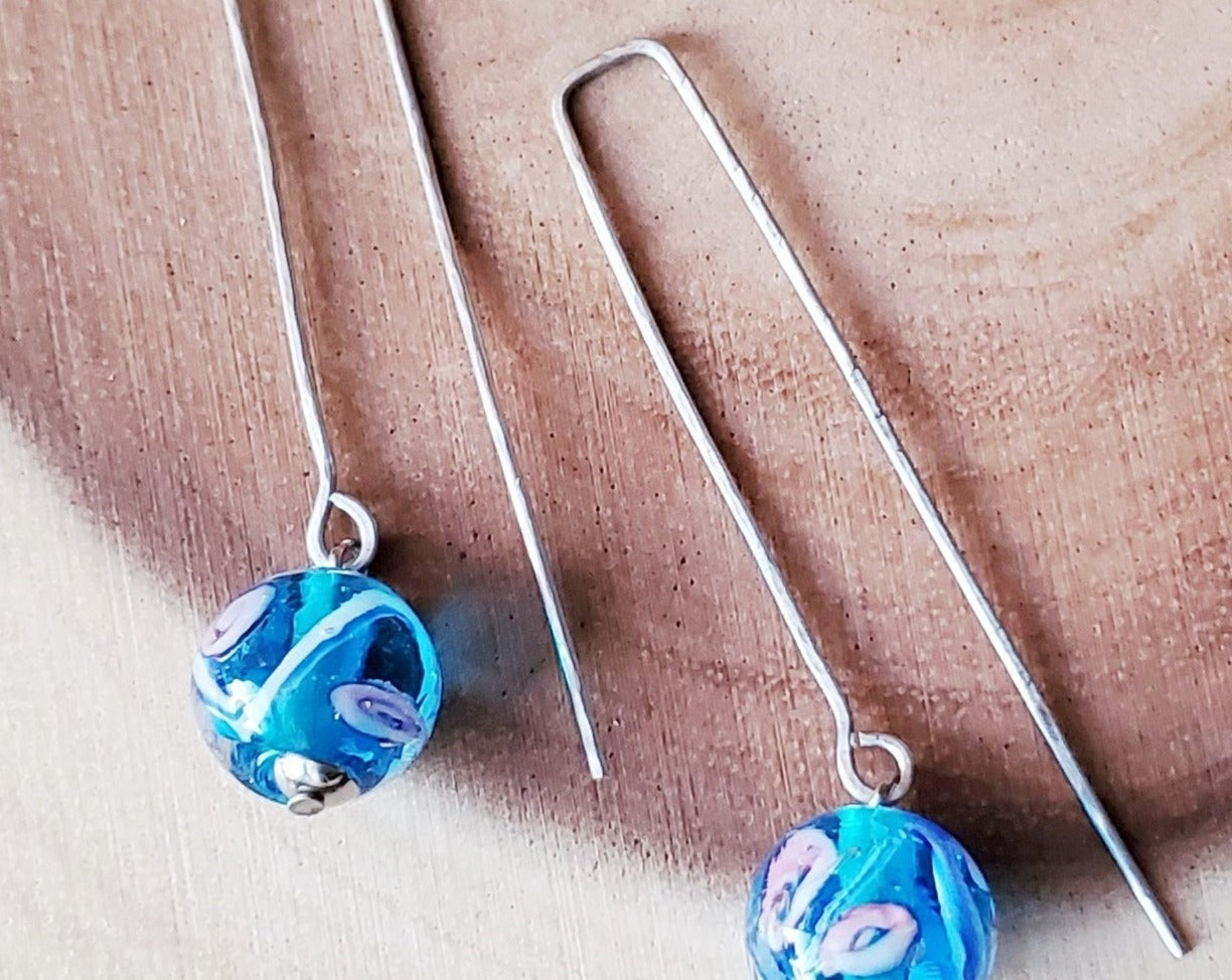 Stainless Steel Blue Floral Glass Threader Earrings