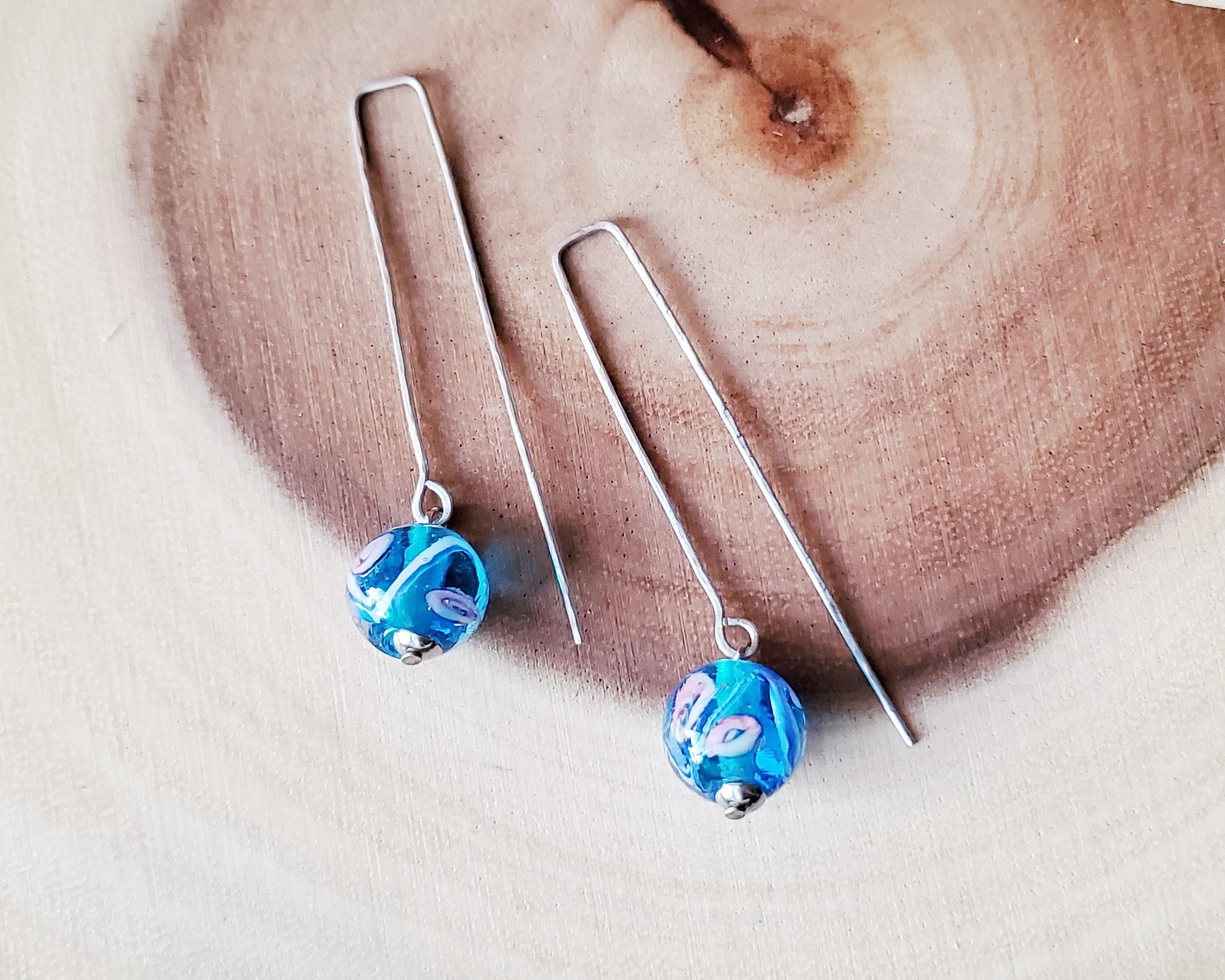 Stainless Steel Blue Floral Glass Threader Earrings, Long Blue Earrings, Stainless Steel Earrings, Long Threader Earrings