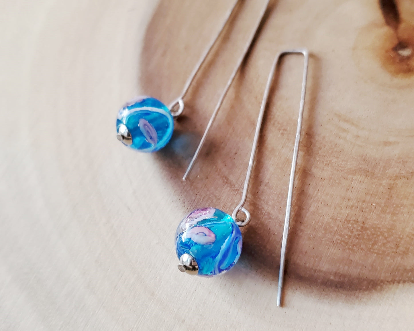 Stainless Steel Blue Floral Glass Threader Earrings, Long Blue Earrings, Stainless Steel Earrings, Long Threader Earrings
