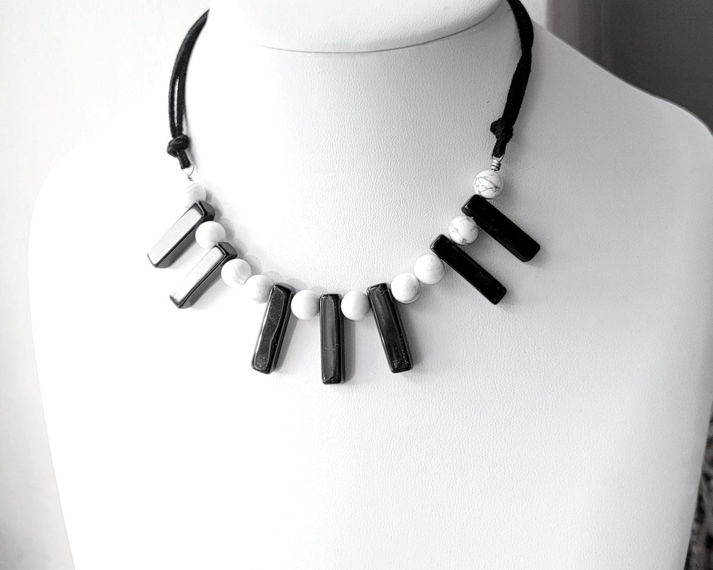 Piano Keys Necklace, Black Onyx, White Howlite, Vegan Leather, Stainless Steel