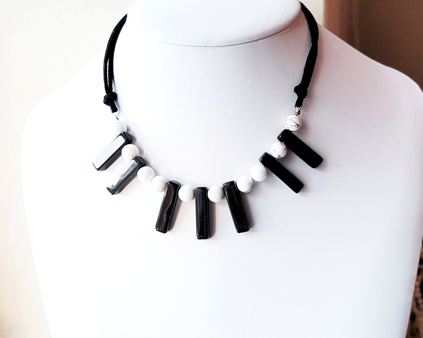 Piano Keys Necklace, Black Onyx, White Howlite, Vegan Leather, Stainless Steel