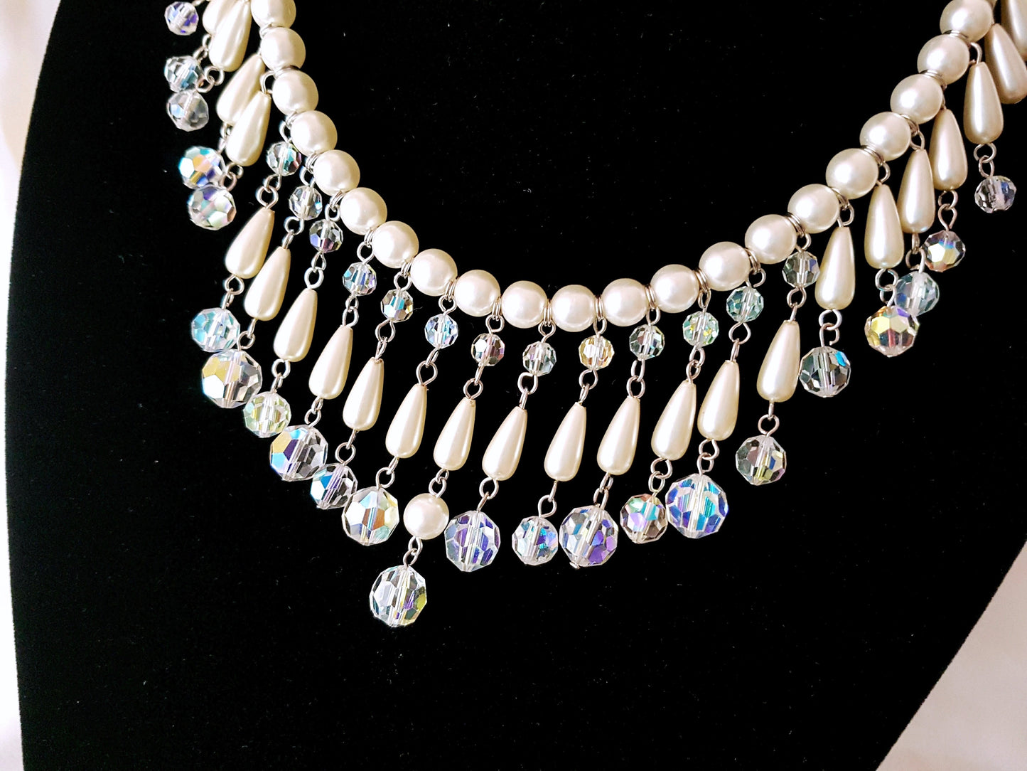 Pearl Crystal Elaborate Beaded Collar Necklace 
