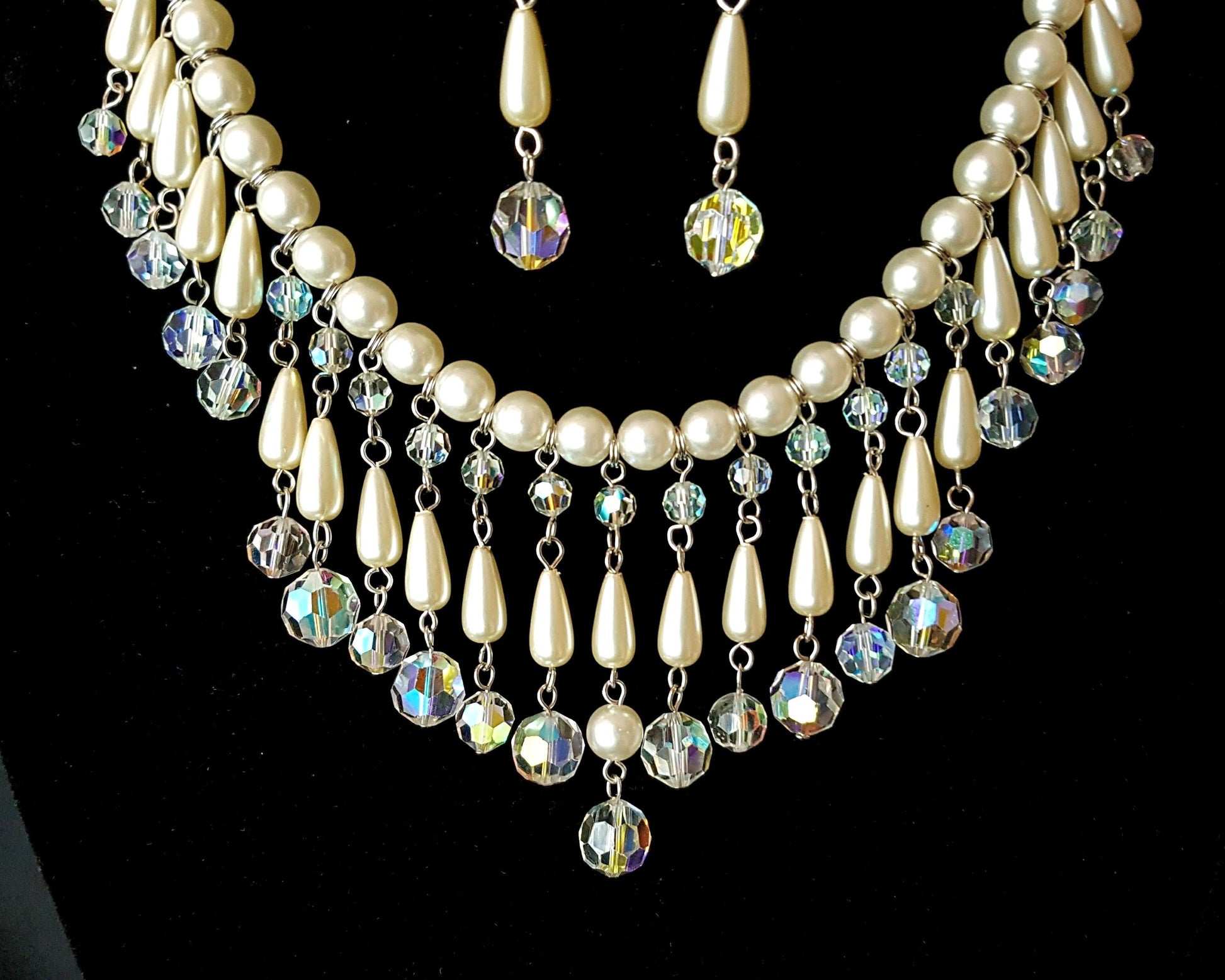 Pearl Crystal Elaborate Beaded Collar Necklace and Earring Set made with White Vintage Pearls and Clear AB Vintage Crystal
