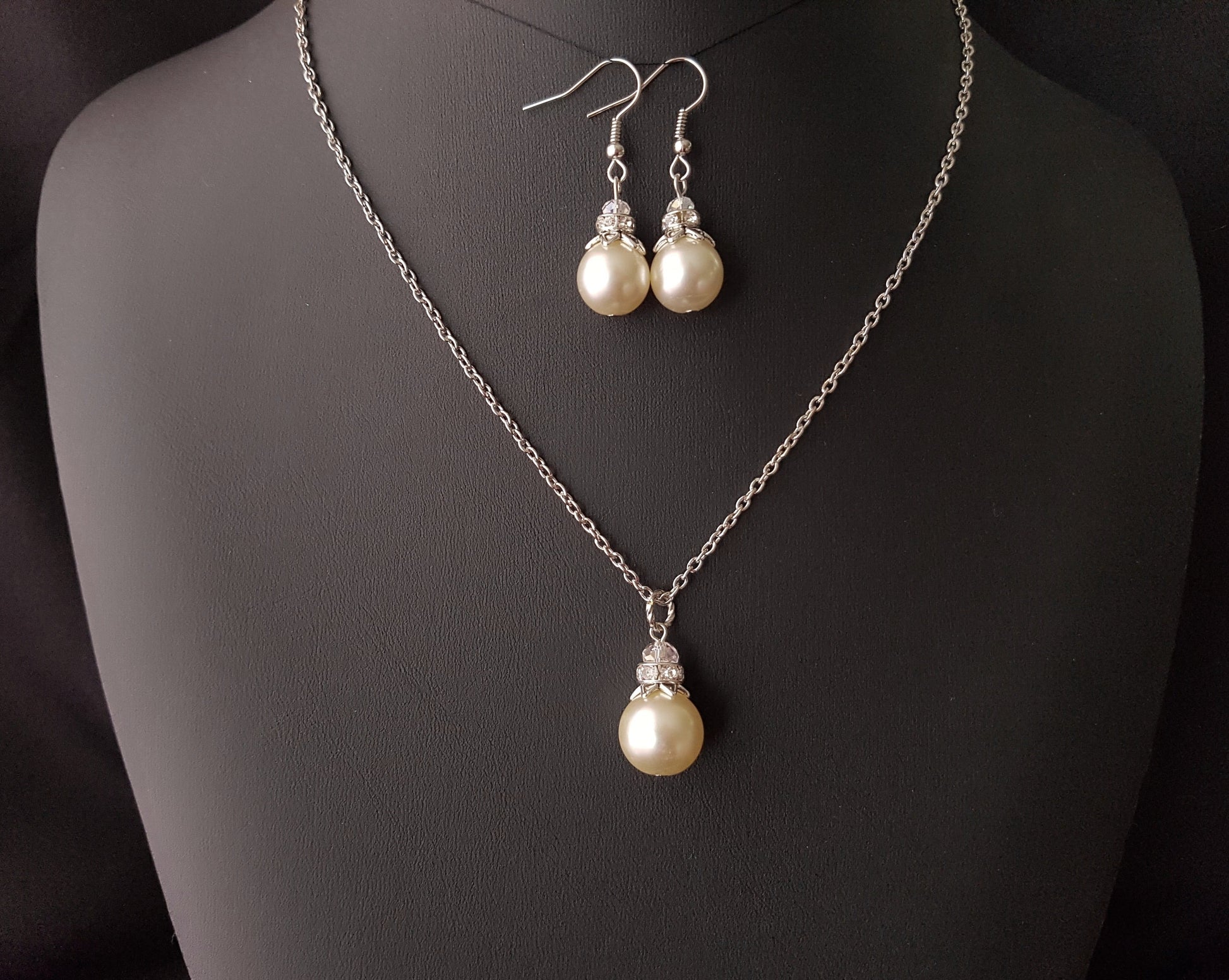 Vintage Pearl and Crystal Art Deco Inspired Necklace and Earrings Set, Pearl Pendant and Dangle Earrings made with Upcycled Vintage Pearl