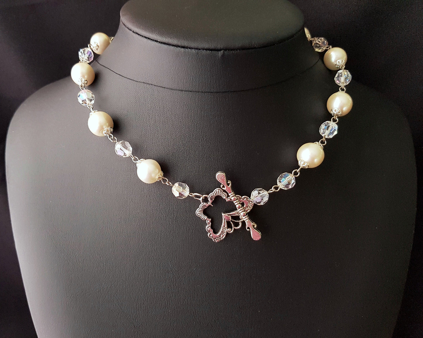 Vintage Pearl, Crystal Butterfly Necklace and Earring Set, OOAK Set-Vintage Off White Pearls, Vintage Crystal