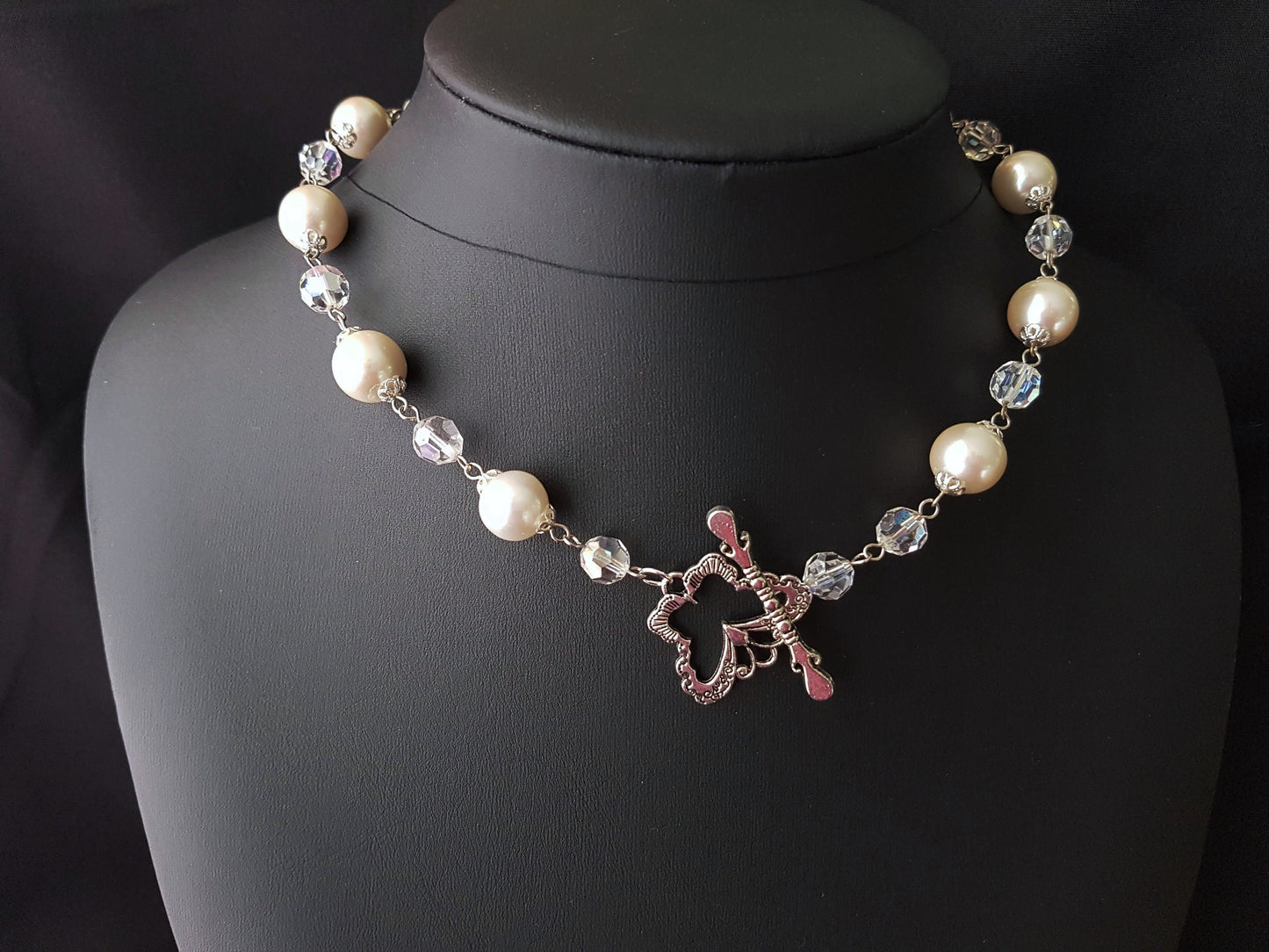 Vintage Pearl, Crystal Butterfly Necklace and Earring Set, OOAK Set-Vintage Off White Pearls, Vintage Crystal