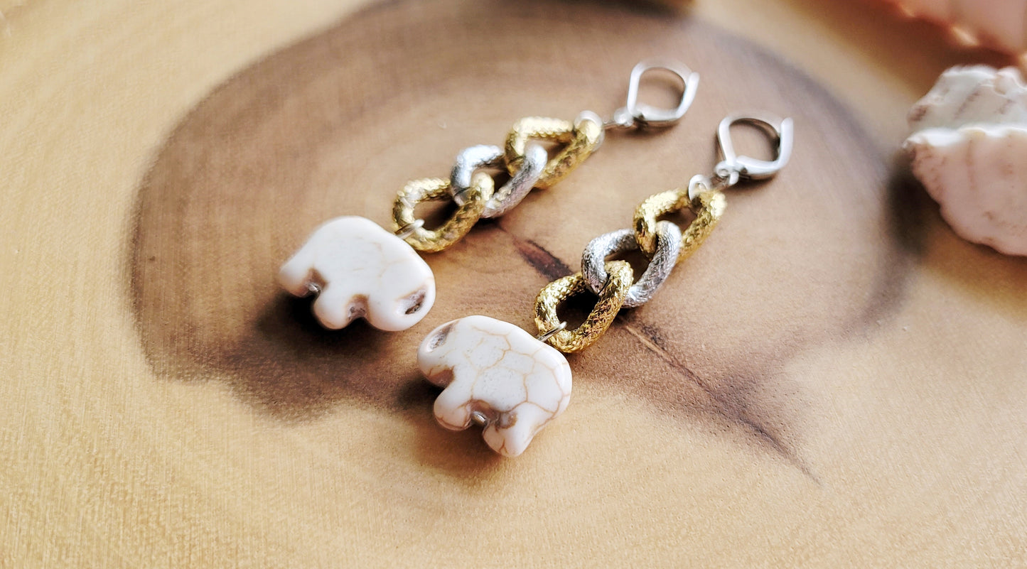 Elephant Two Tone Chunky Chain Earrings, White stone elephants dangling from long gold chain