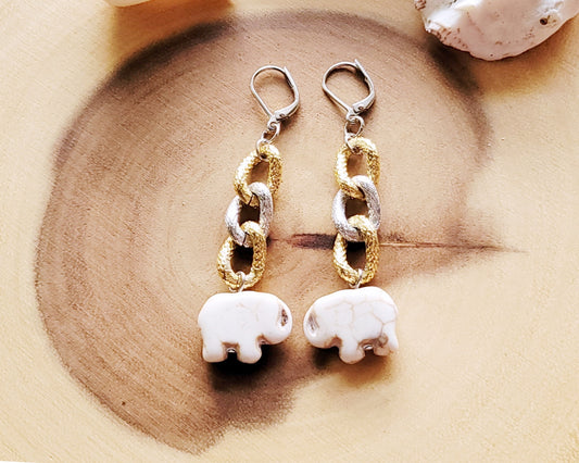 Elephant Two Tone Chunky Chain Earrings, White stone elephants dangling from long gold chain