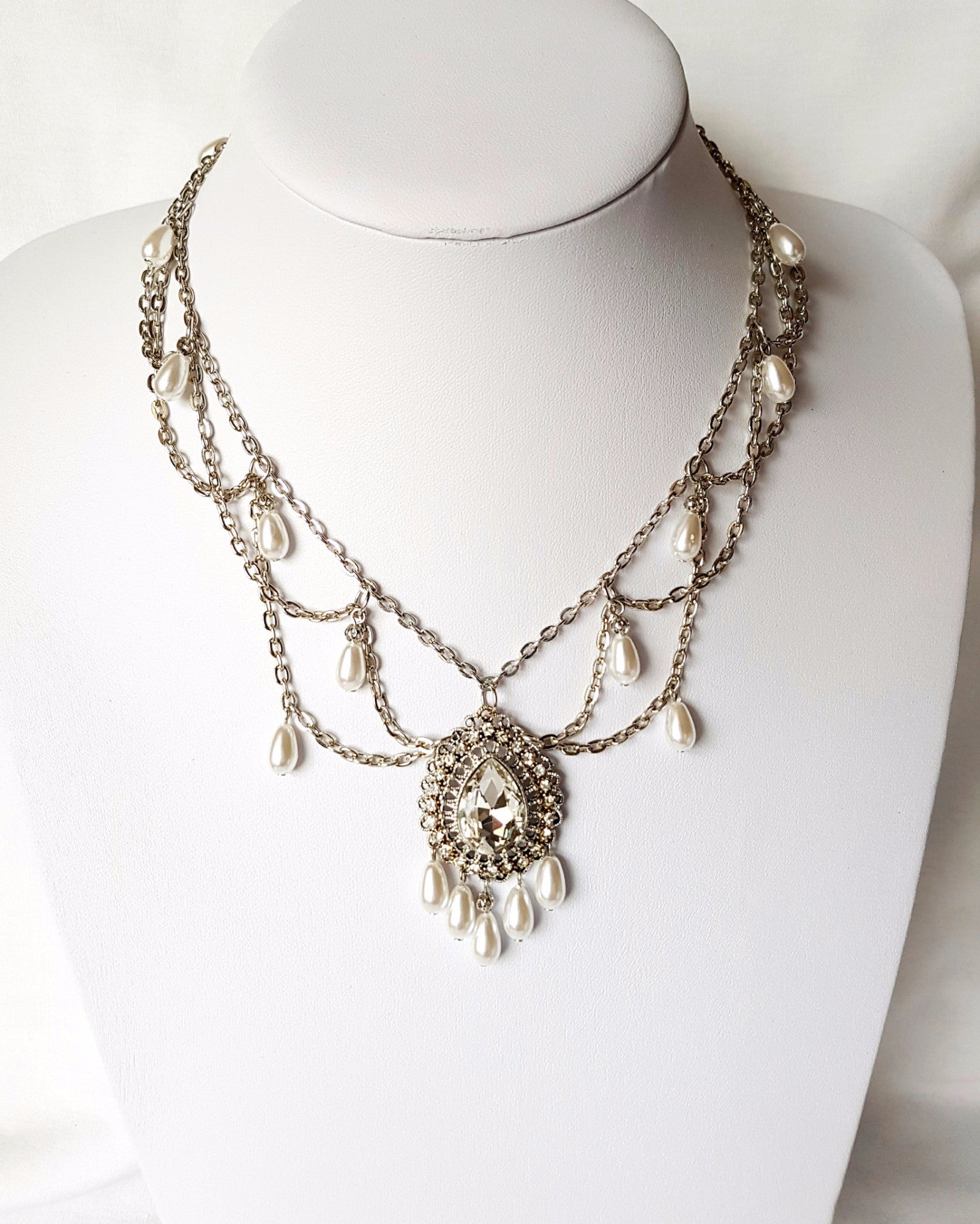 Vintage Romance Crystal Pearl Festoon Necklace, Vintage Bohemian Bridal Necklace