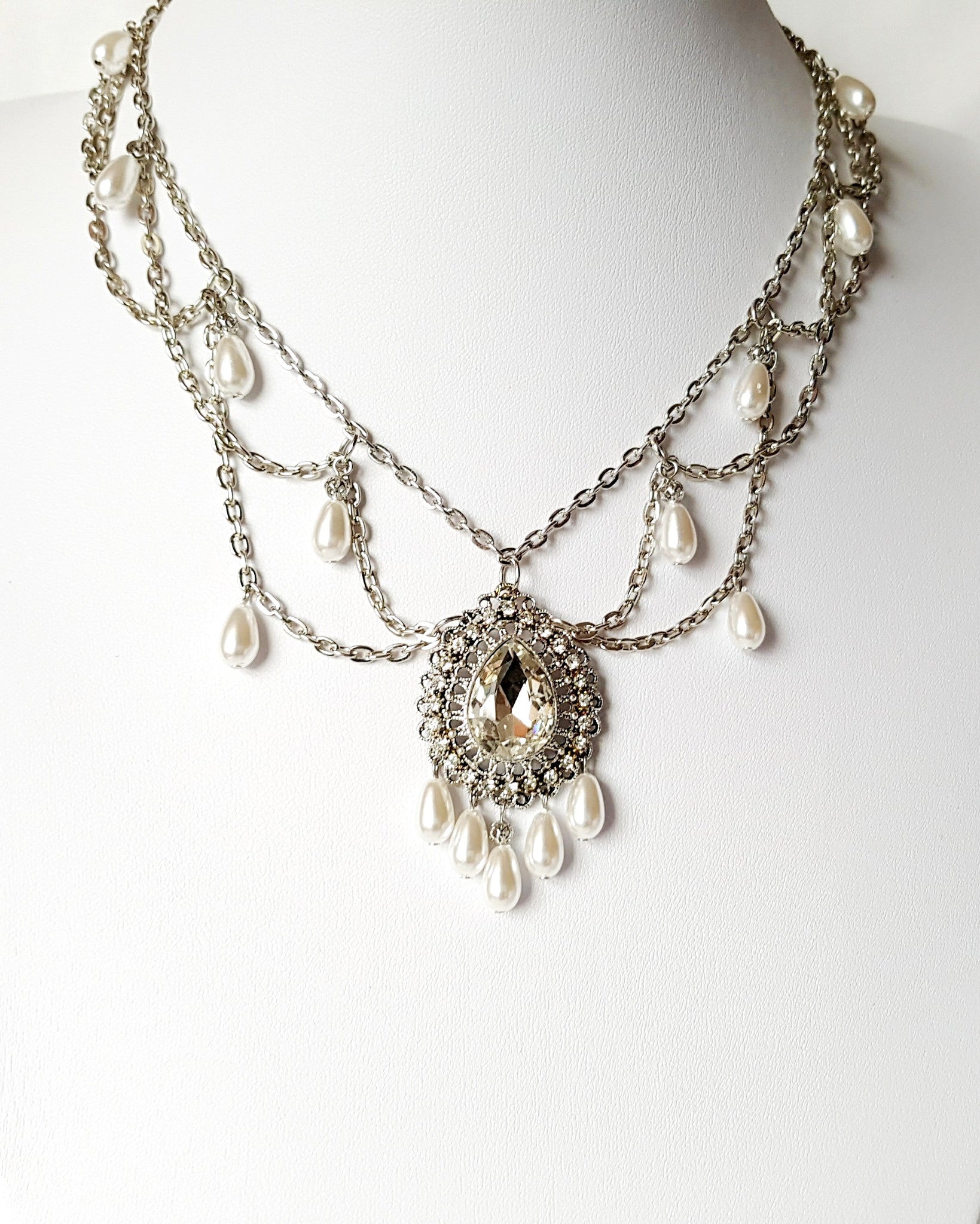 Vintage Romance Crystal Pearl Festoon Necklace, Vintage Bohemian Bridal Necklace