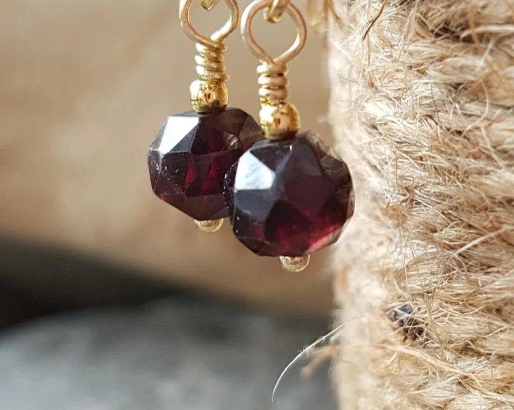 Golden Garnet Earrings, Garnet Dangle Earrings with Leaver Back Earring Hooks