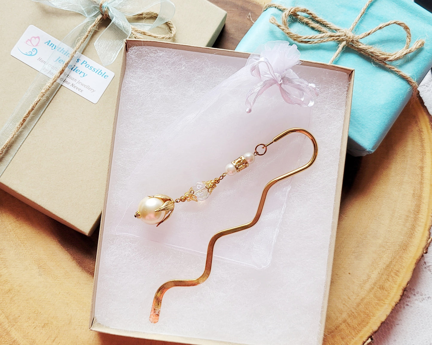 Long Golden Vintage Pearl Beaded Bookmark made with Vintage Upcycled / Repurposed Faux Pearl, Gold tone metal and 18k gold plated metal and European Faux Pearls 