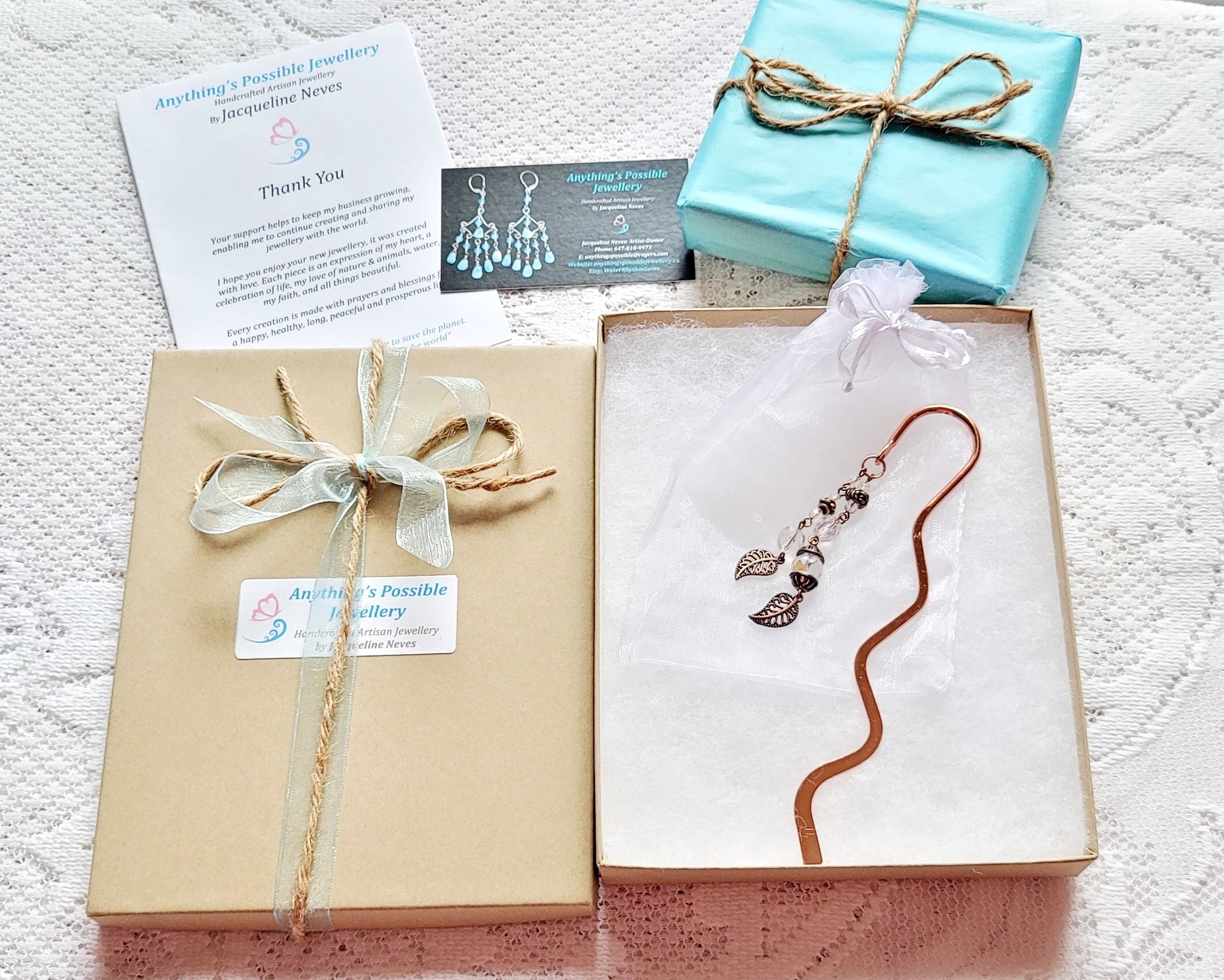 Eco Friendlier Recycled Paper Gift Box, Reusable White Organza Jewellery Pouch, Tissue Paper, Ribbon and Twine